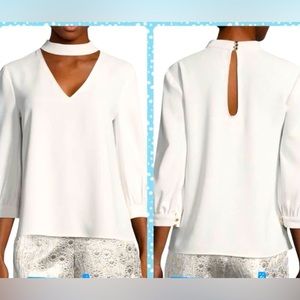 Trina Turk 3/4-SLEEVE white choker style plunge v neck TOP with keyhole back.XS
